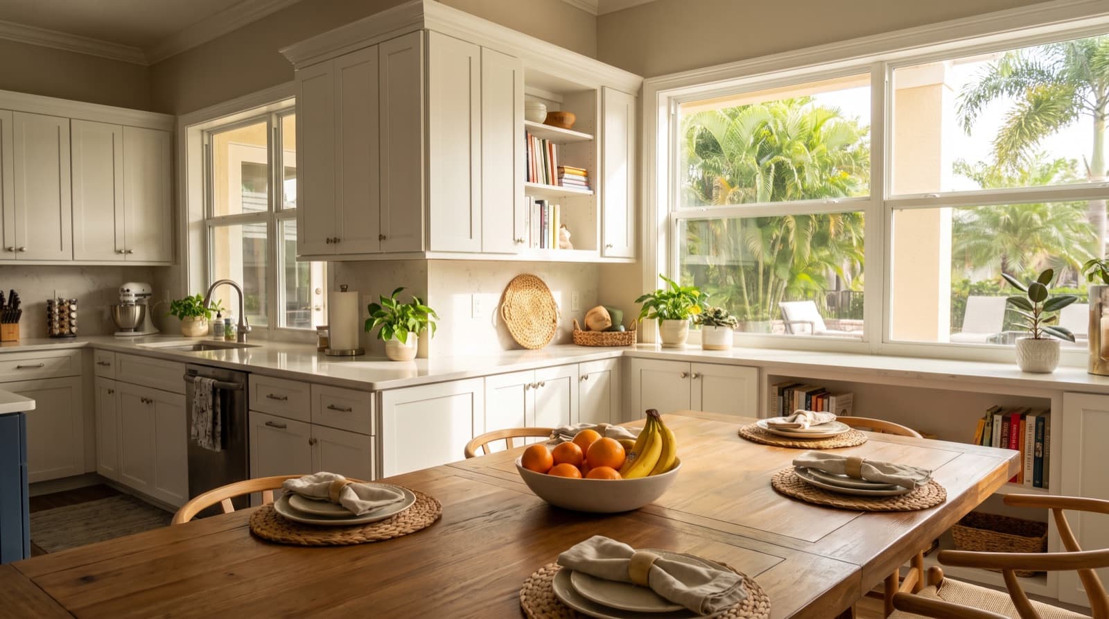 Clean shared kitchen and dining area with a large table