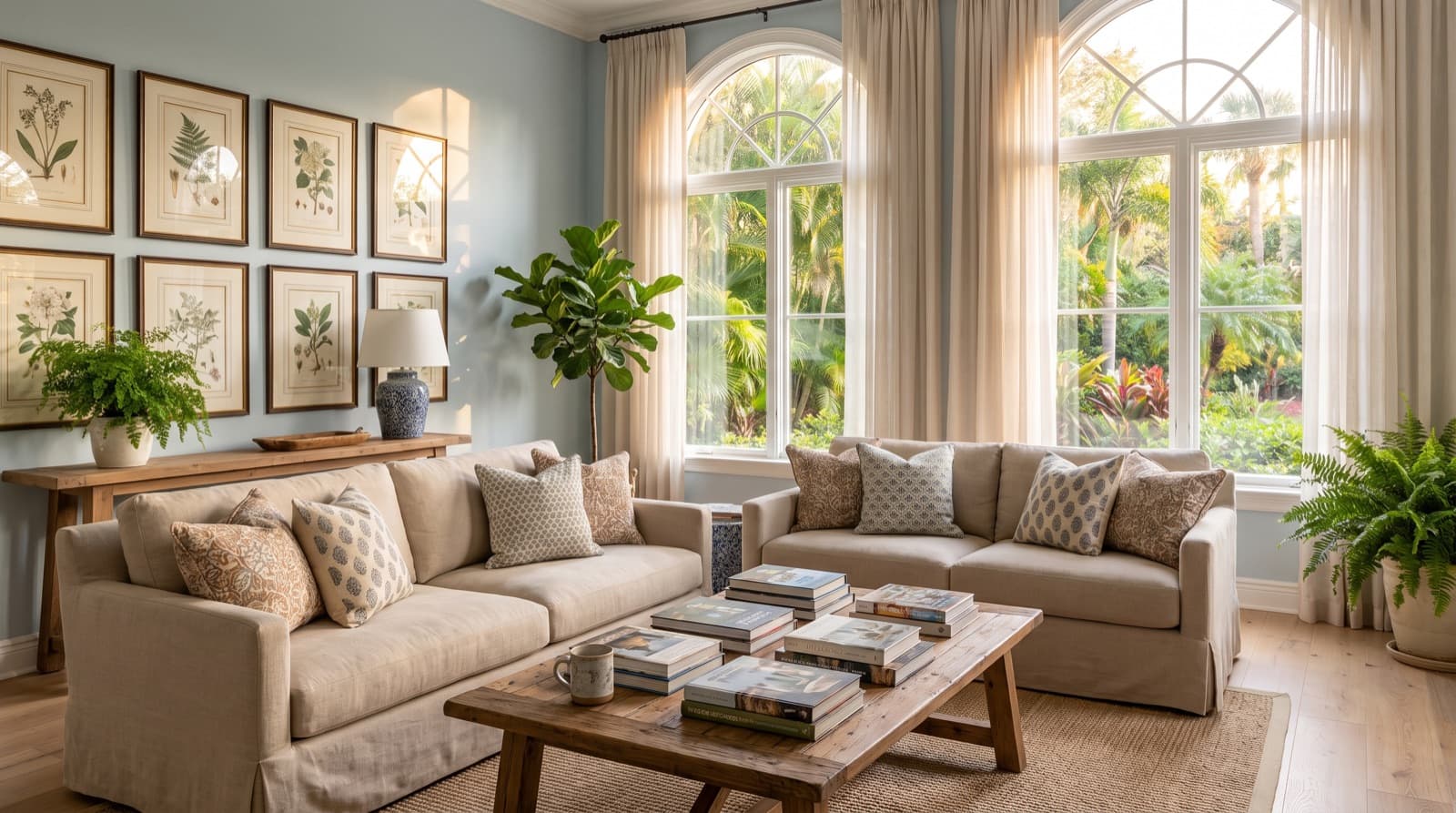 Warm shared living room with sofas and natural light